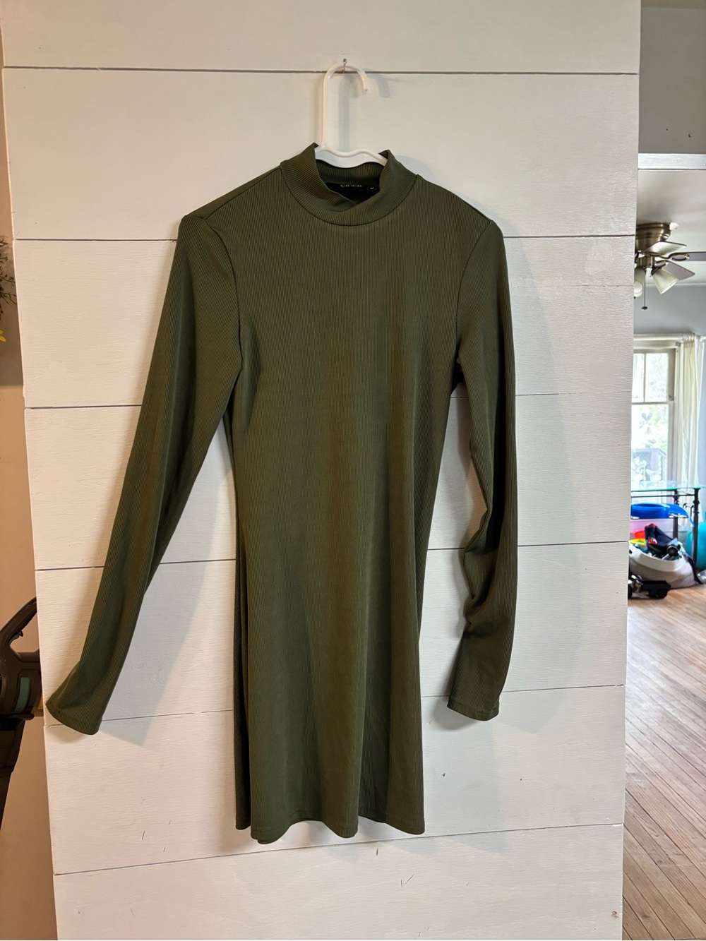 Cider Olive Green Long Sleeve Mock Neck Dress